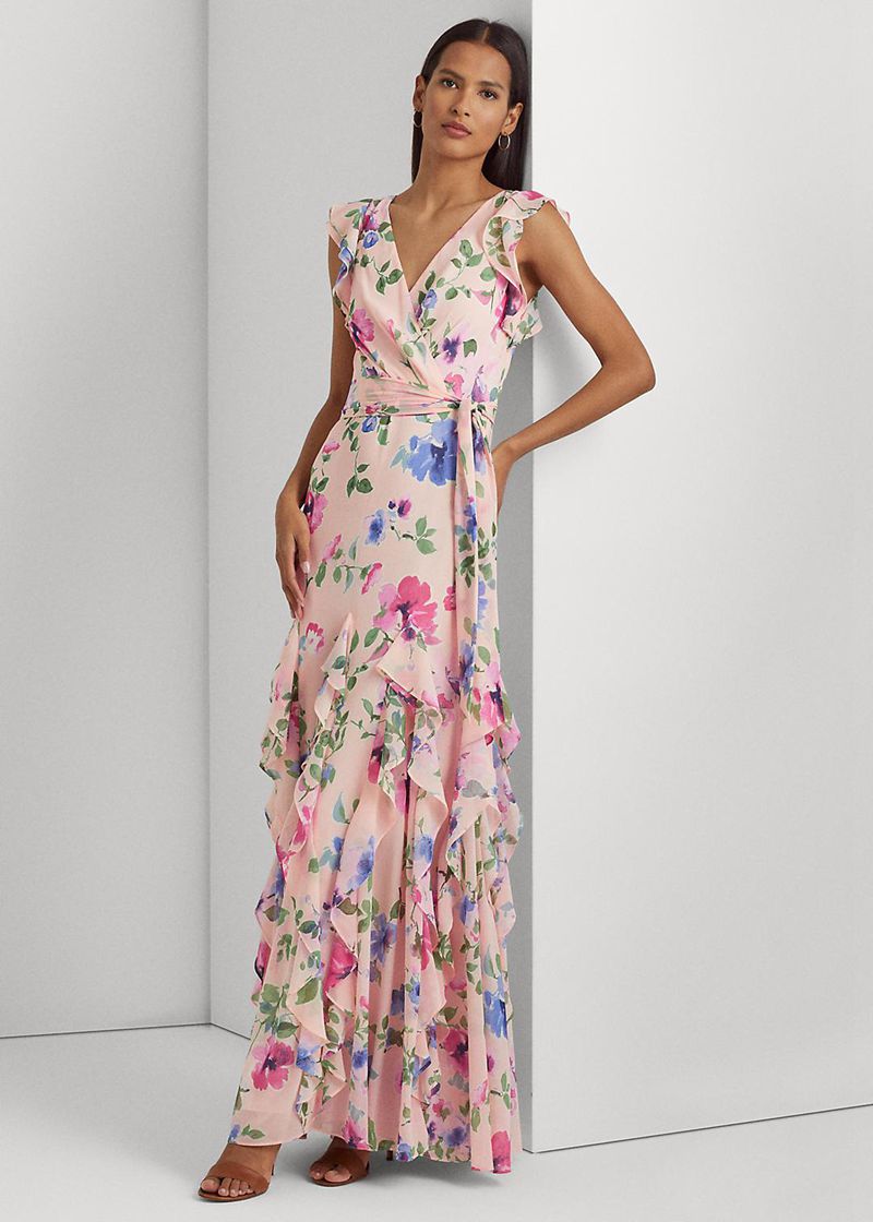 Vestidos Lauren Mujer Floral Ruffle-Trim Georgette Gown Chile Rosas BVXOM-1397